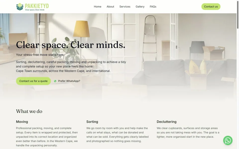 Pakkie Tyd homepage showing its packing and moving service