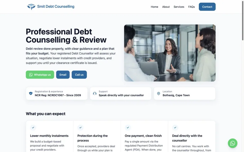 Smit Debt Counselling homepage with debt review information and contact options